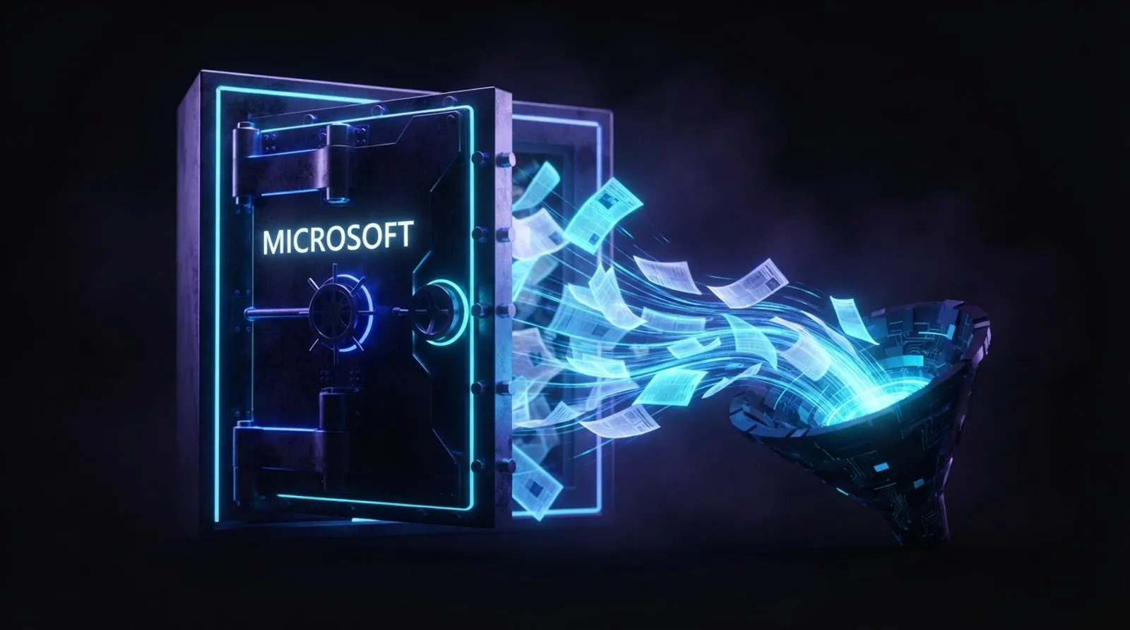 Ilustração escura de um cofre entreaberto com a inscrição MICROSOFT, de onde páginas de jornal escapam em fluxos de luz azul para um funil digital