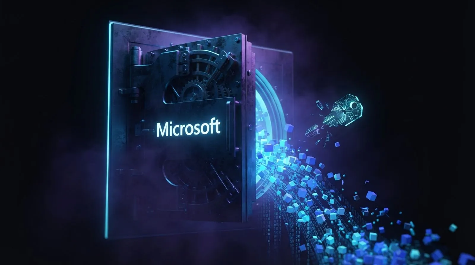 Porta de cofre entreaberta com cubos de dados escapando e uma chave digital quebrada, com a palavra Microsoft na porta