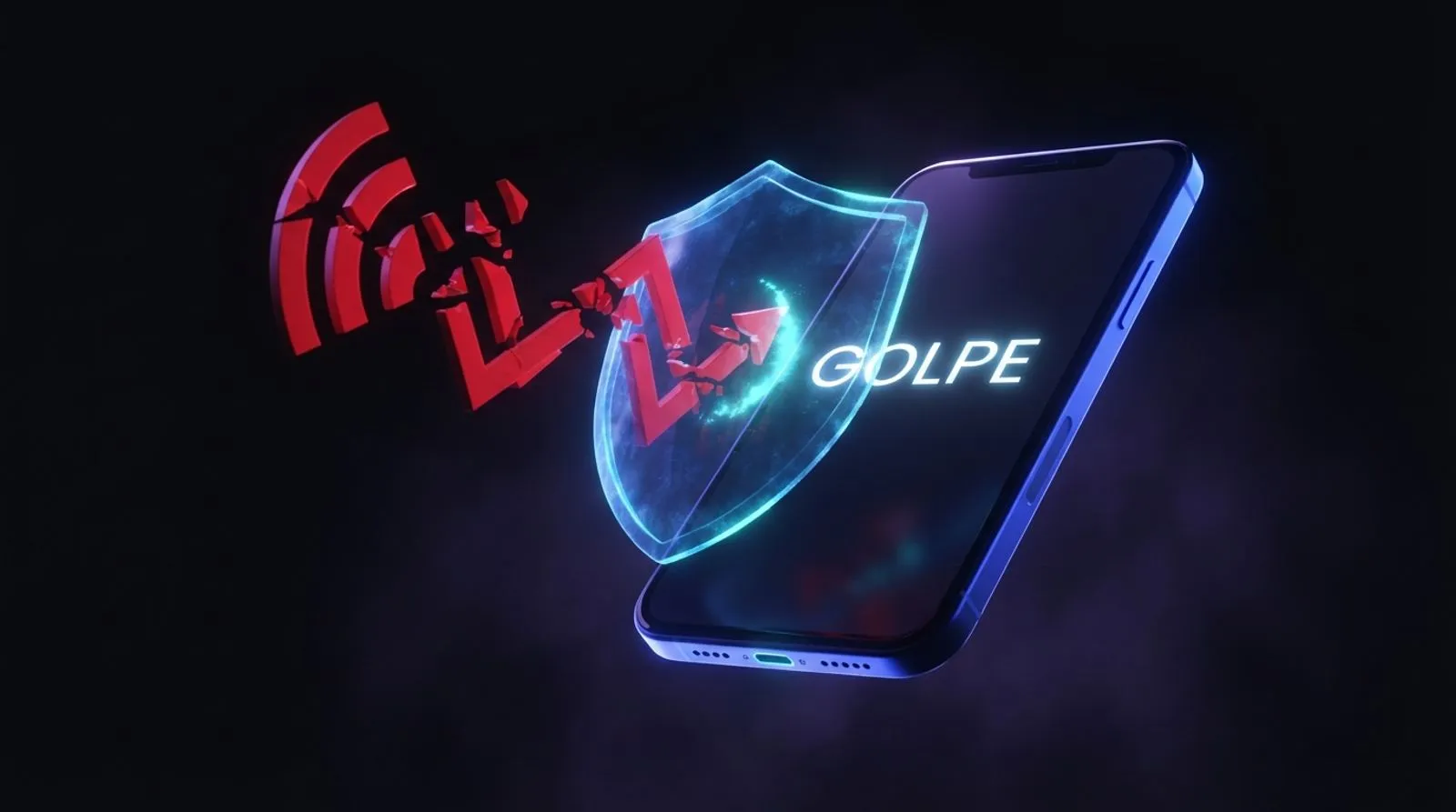 Celular com a palavra GOLPE na tela protegido por um escudo azul que desvia ondas de sinal vermelhas quebradas