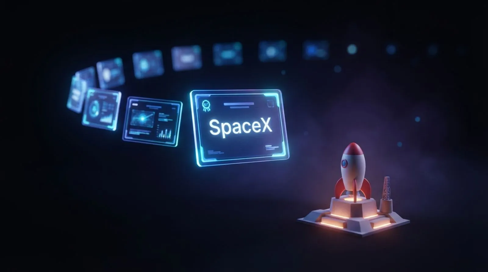 Cartões luminosos flutuando em arco em direção a um foguete de brinquedo numa plataforma de lançamento, com a inscrição SpaceX no cartão central.