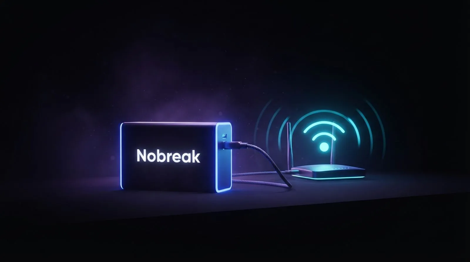 Bateria compacta com a palavra Nobreak em letras brancas ligada por cabo a um roteador com ondas de Wi-Fi acesas, num ambiente escuro
