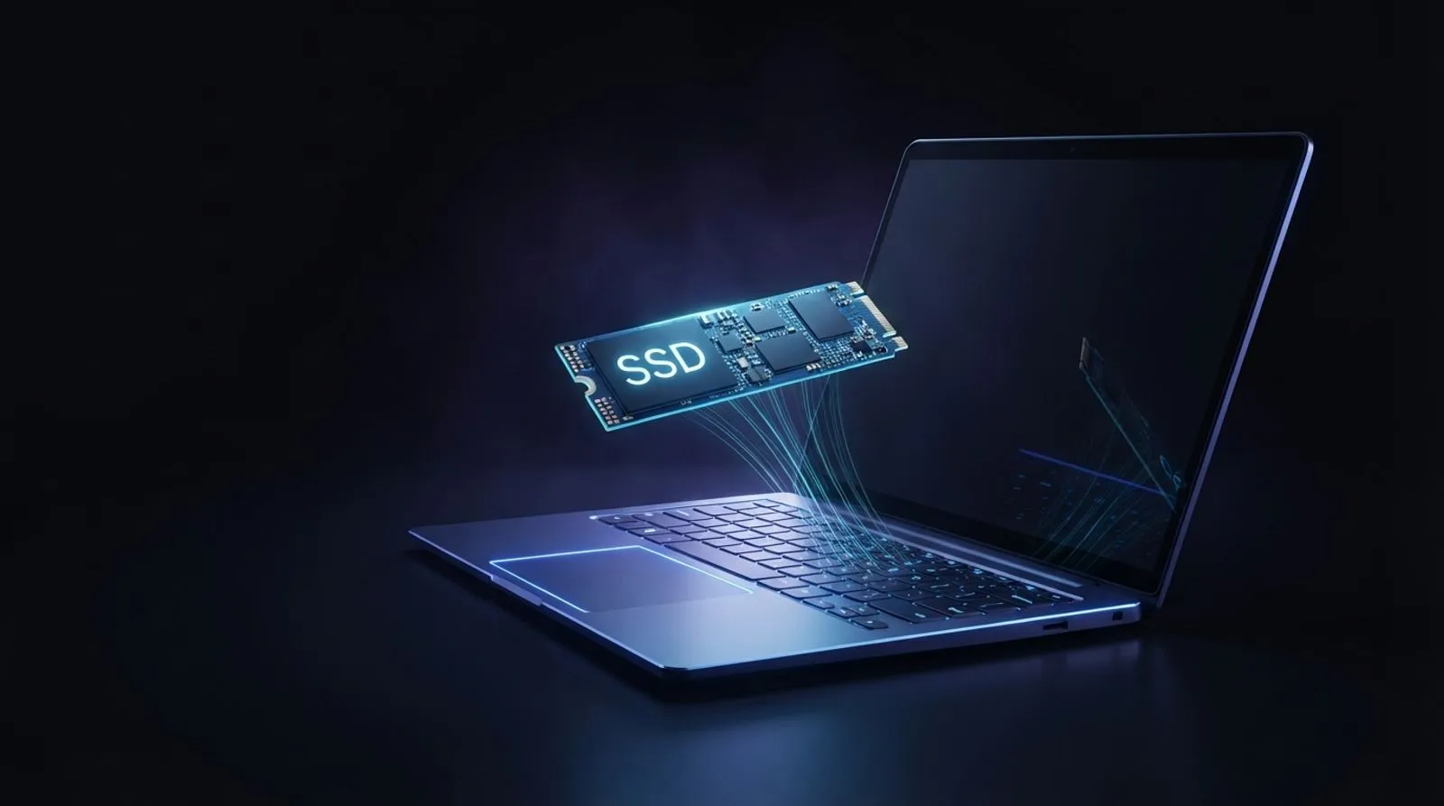 Notebook aberto com uma placa de SSD luminosa flutuando acima do teclado, com a palavra SSD escrita na placa