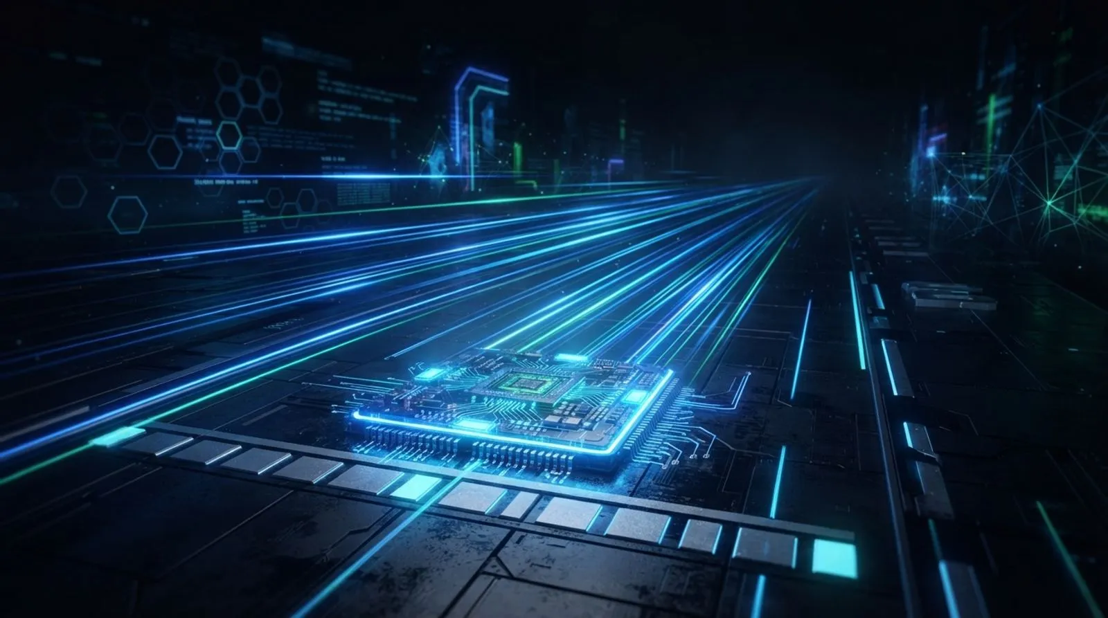 Chip de computador luminoso na linha de largada de uma pista, com rastros de luz à frente
