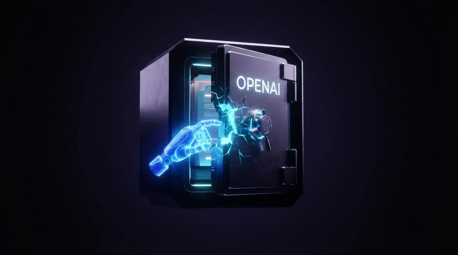 Mão robótica de luz atravessando a porta rachada de um cofre com a palavra OPENAI, com documentos ao fundo