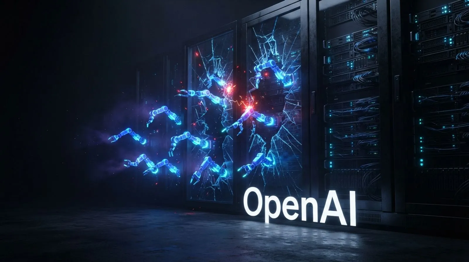 Pequenos braços robóticos luminosos atravessando o vidro quebrado de uma fileira de servidores, com a palavra OpenAI no chão