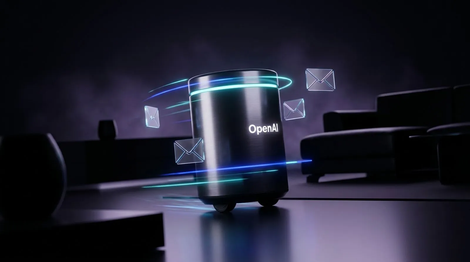 Alto-falante cilíndrico com a marca OpenAI e anel de luz ciano se movendo por uma sala escura, cercado por ícones de e-mail