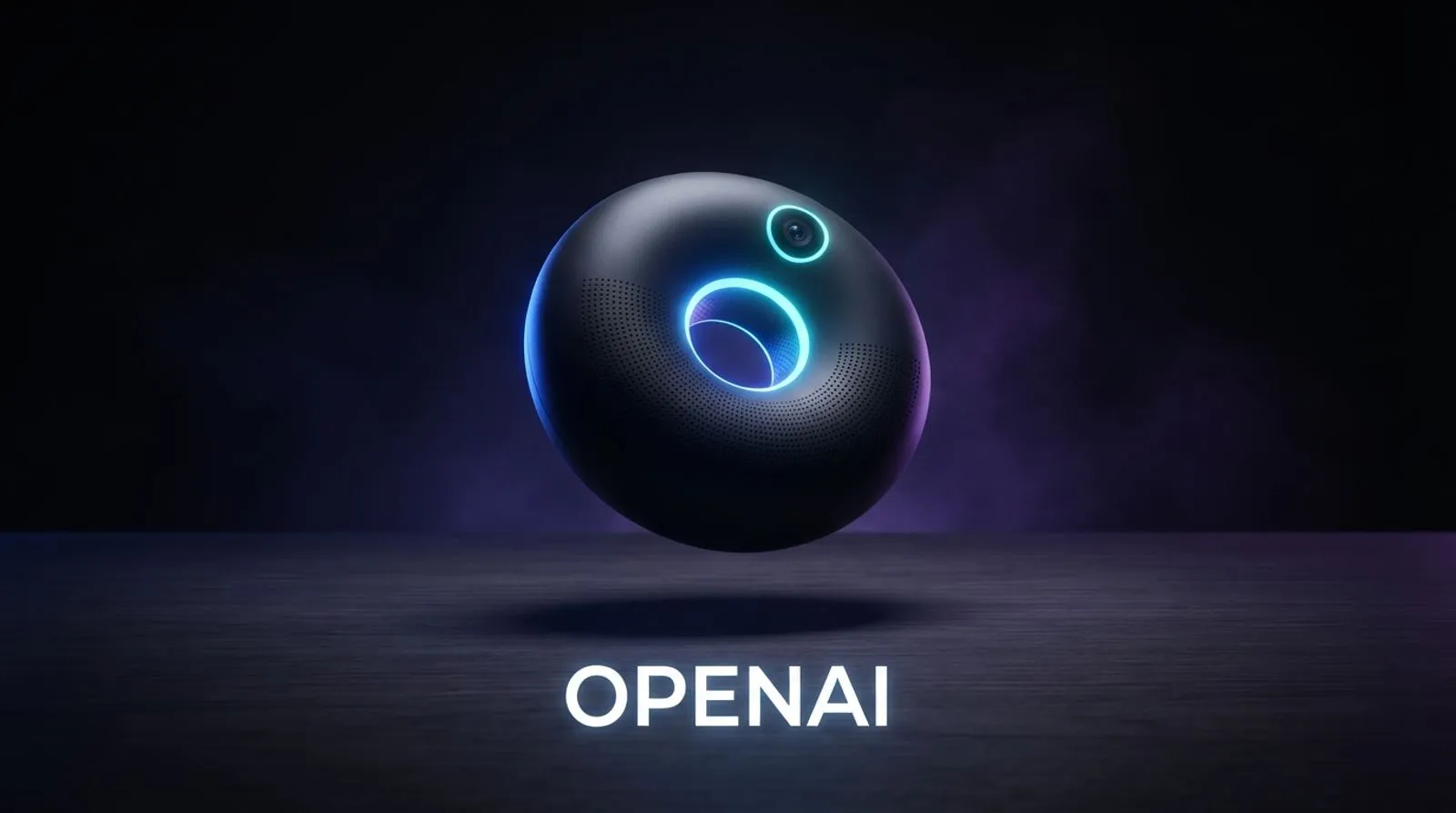 Objeto em formato de rosquinha com luz azul elétrica pulsando ao redor, sobre uma mesa escura, com a palavra OPENAI escrita em letras brancas