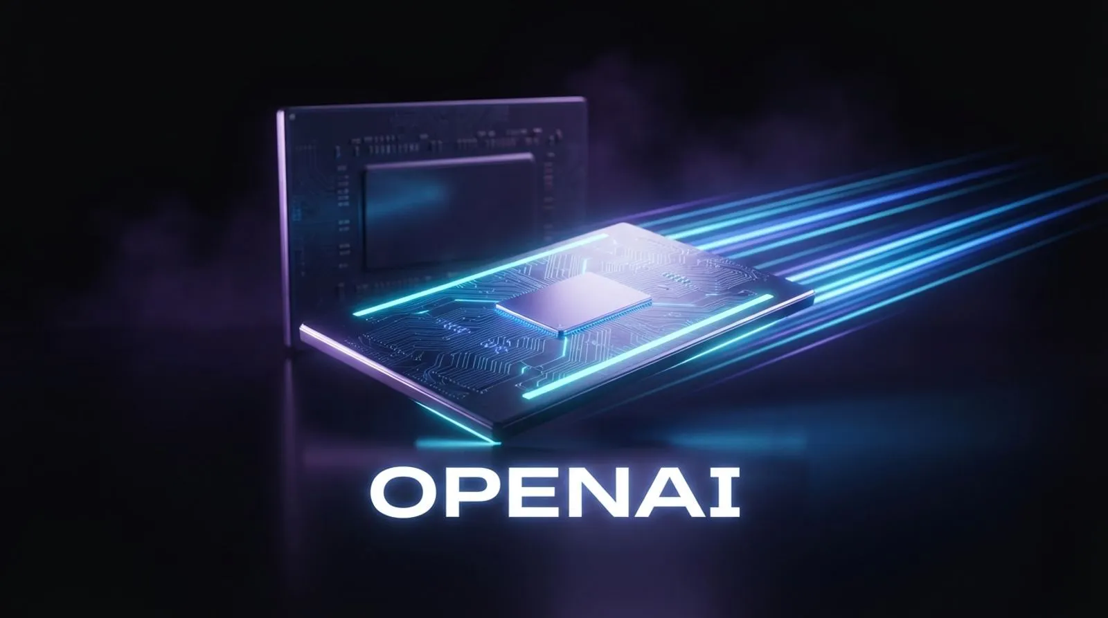 Um chip de computador brilhante deixando um rastro de luz azul para trás enquanto ultrapassa um chip rival maior e mais opaco, com a palavra OpenAI escrita na superfície abaixo