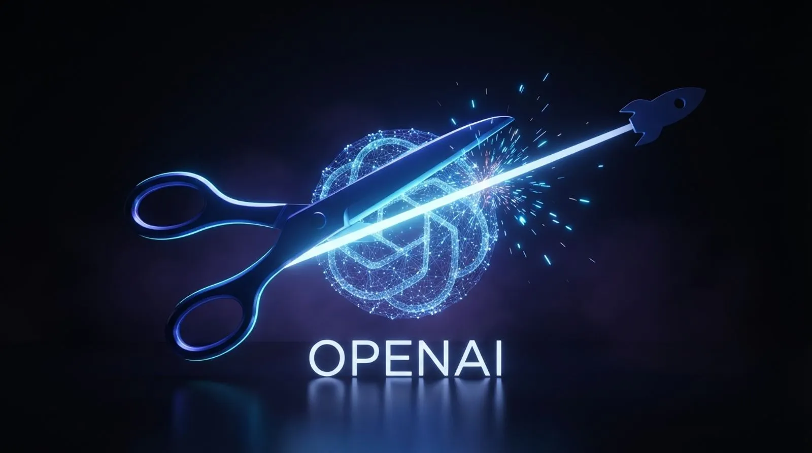 Uma tesoura de luz azul corta um feixe que liga uma esfera de rede neural a um foguete estilizado, com a palavra OPENAI escrita abaixo