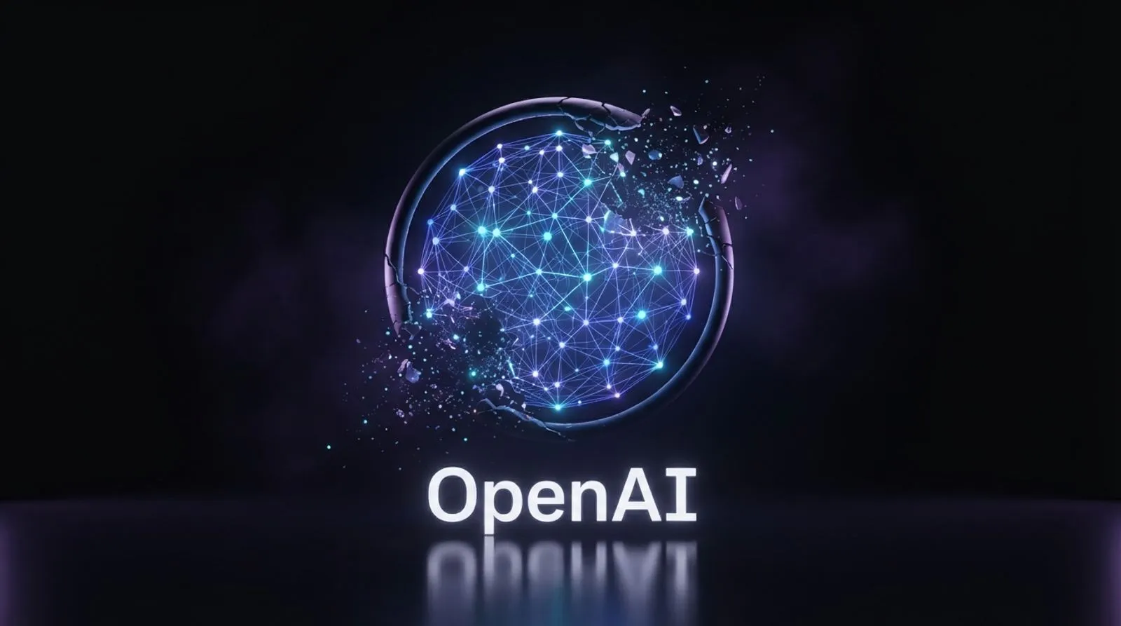 Uma esfera de rede neural brilhante em azul e ciano com um dos anéis protetores rachado e se desfazendo em partículas, com o texto OpenAI abaixo