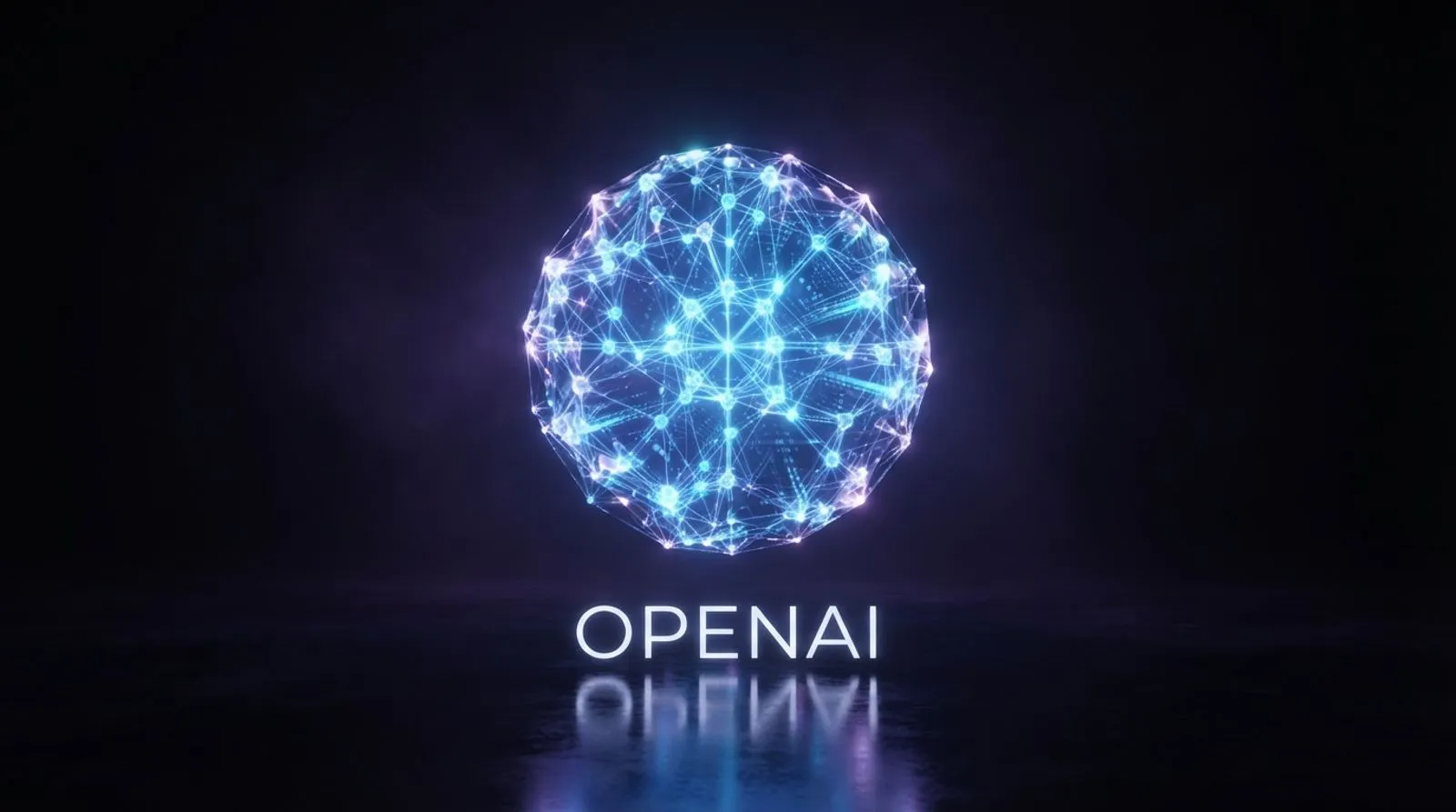 Esfera luminosa de rede neural azul flutuando sobre uma superfície escura refletiva, com a palavra OPENAI em letras brancas brilhantes