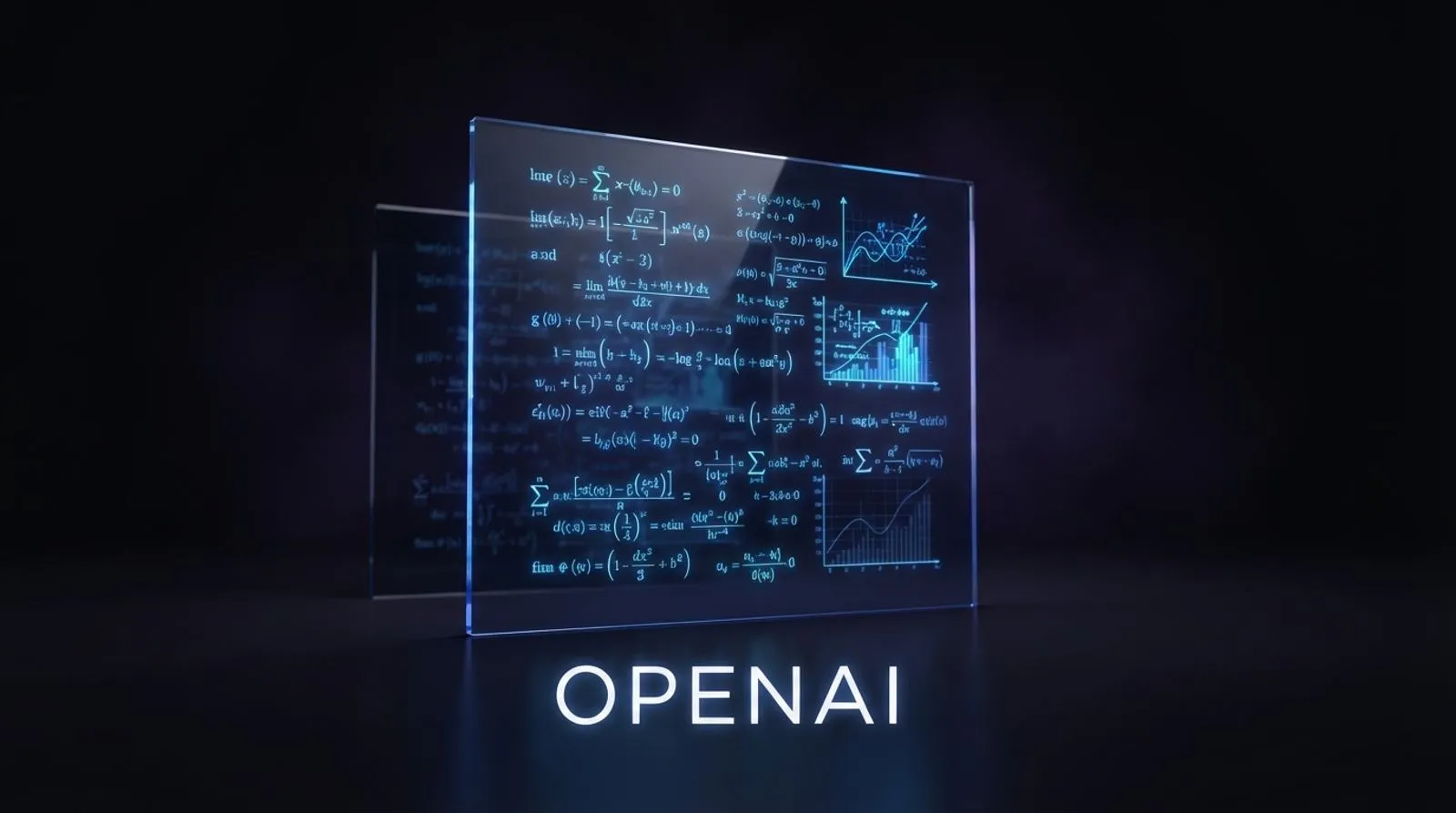 Uma prova matemática luminosa gravada em um painel de vidro, com uma cópia sombreada atrás, e a palavra OPENAI escrita em branco abaixo