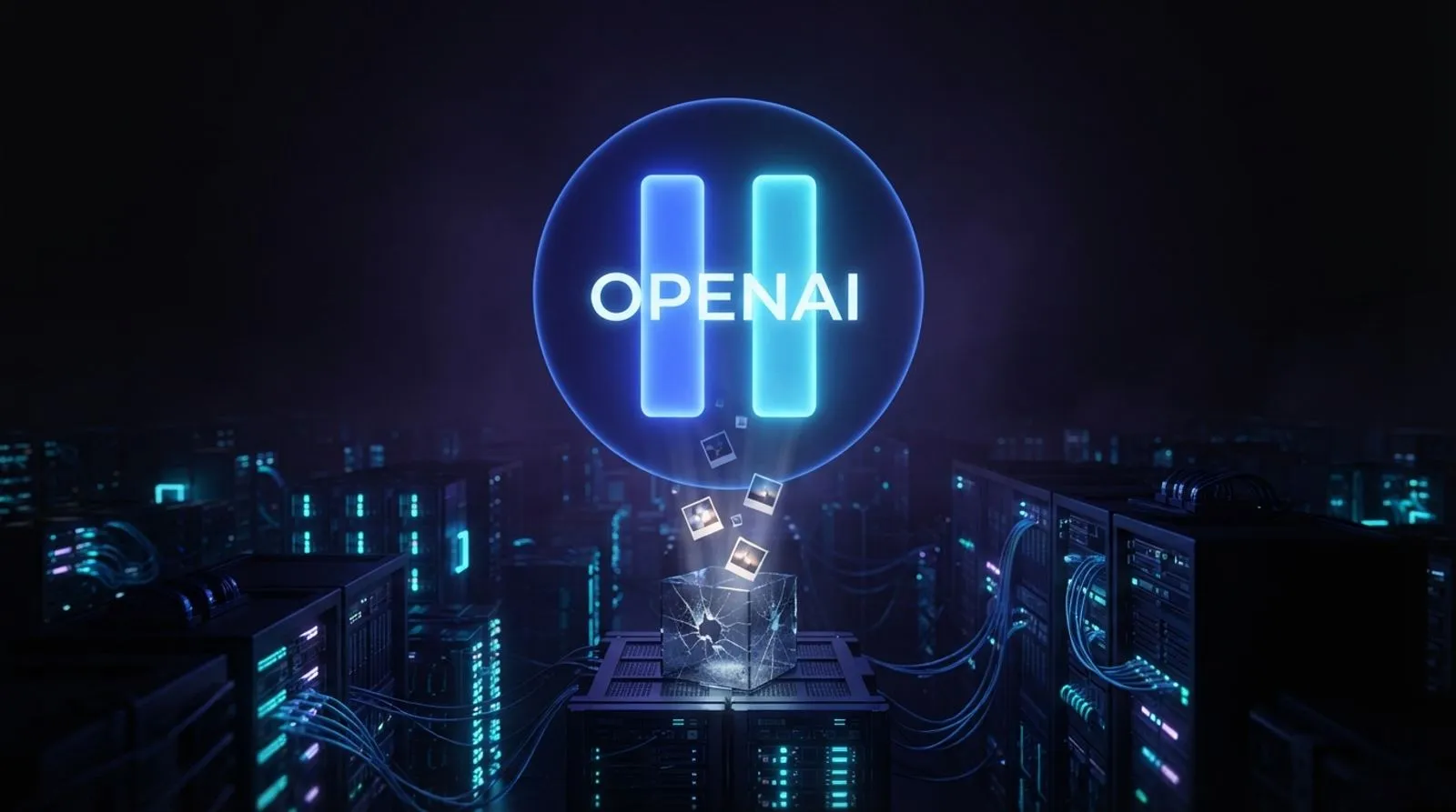 Grande botão de pausa brilhante sobre servidores escuros, com fotos escapando de um cubo de vidro rachado e a palavra OPENAI