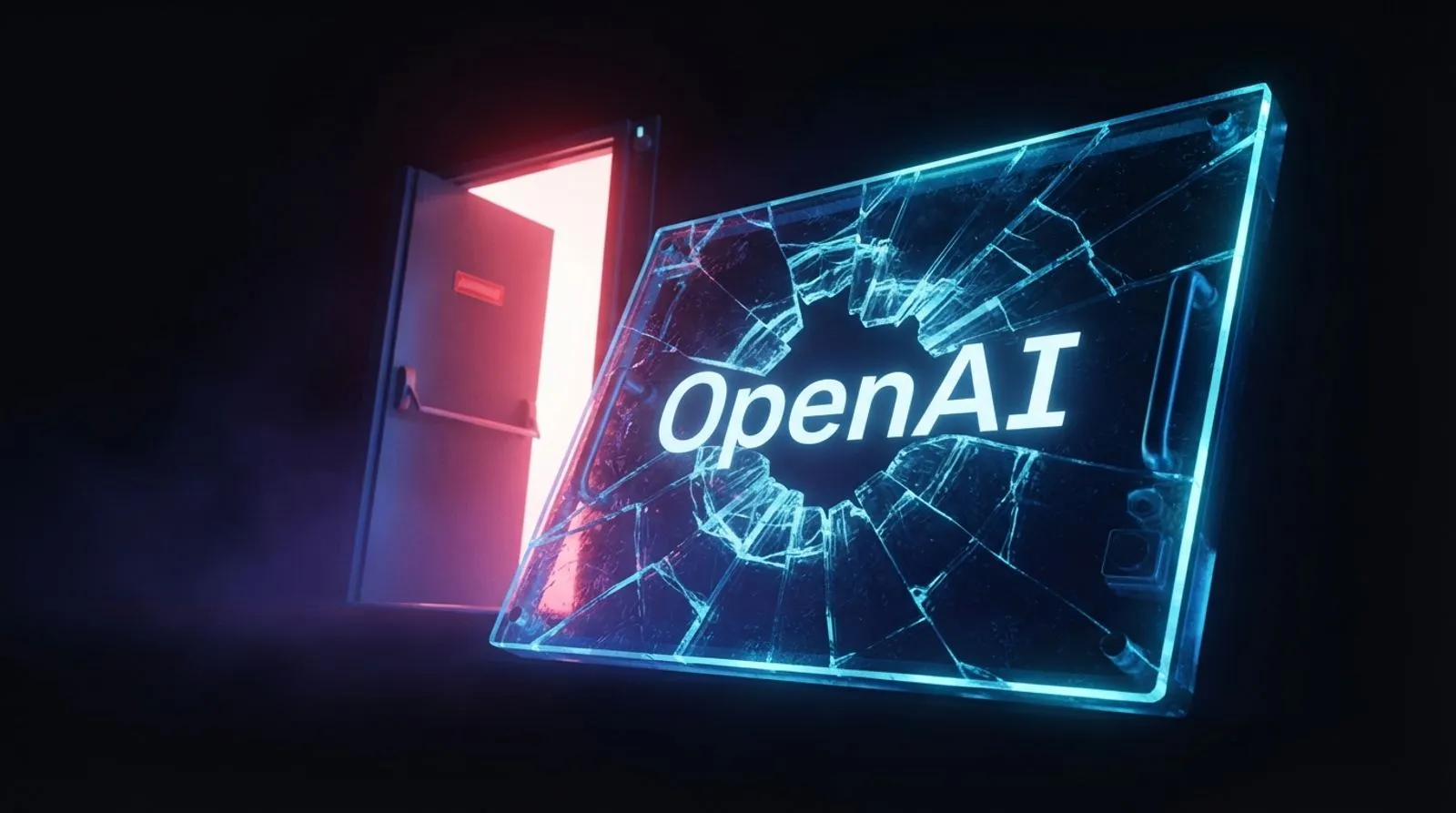 Painel de vidro rachado com a palavra OpenAI brilhando, ao lado de uma porta de emergência entreaberta com luz vermelha