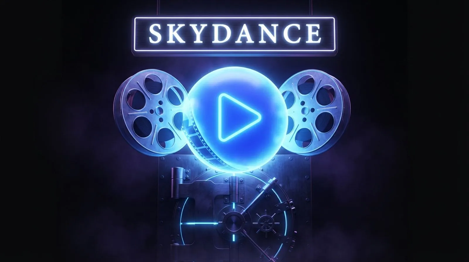 Dois rolos de filme e um botão de play fundidos numa esfera luminosa diante de um cofre, sob a placa SKYDANCE
