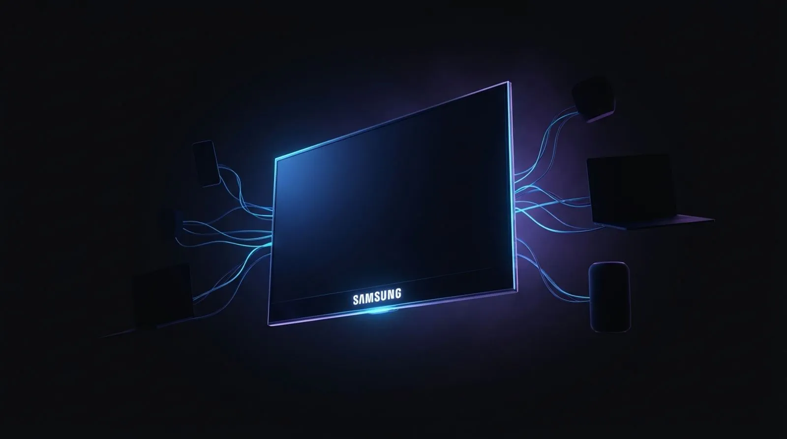 Uma smart TV com finos filamentos de luz azul vazando da tela em direção a silhuetas escuras, com a palavra SAMSUNG em letras brancas na moldura