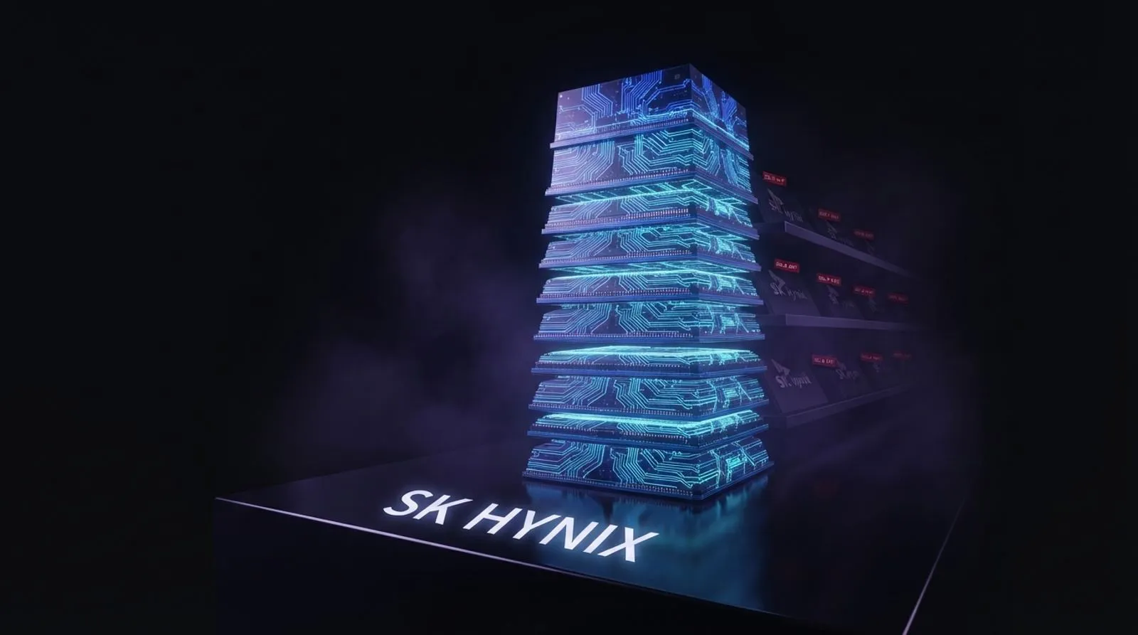 Torre de chips de memória com circuitos azuis brilhantes e uma placa com o nome SK Hynix