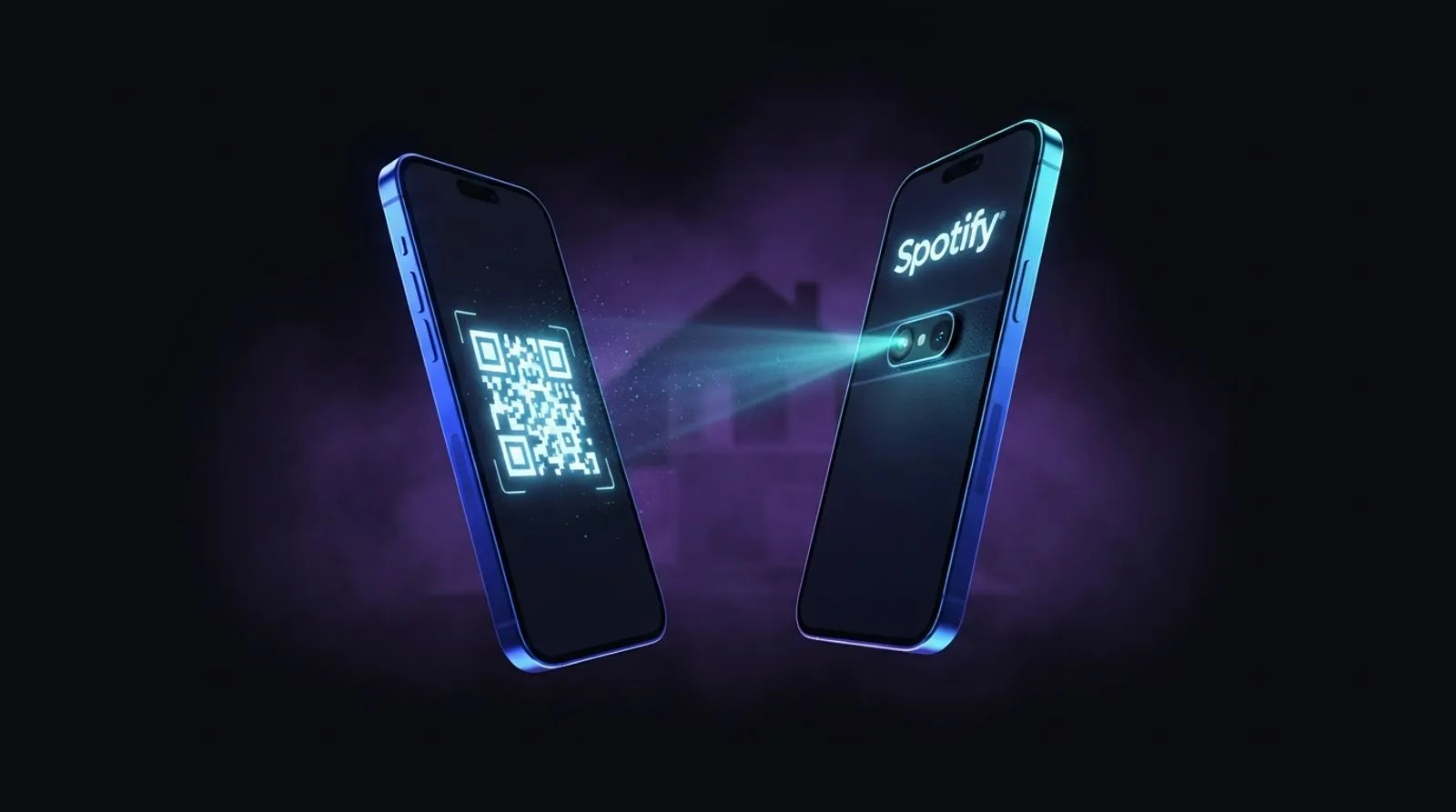 Dois celulares frente a frente, um exibindo um QR code e o outro escaneando, com a inscrição Spotify e a silhueta de uma casa ao fundo.
