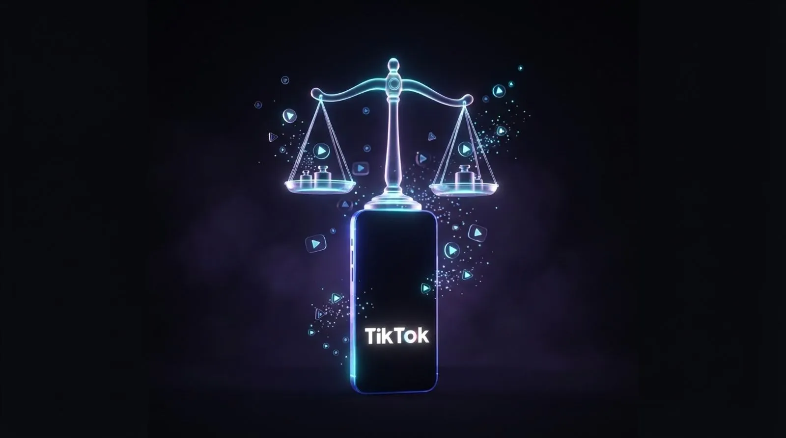 Uma balança de justiça translúcida equilibrada sobre um smartphone brilhante com a palavra TikTok escrita na tela, cercada por ícones de play flutuando no escuro