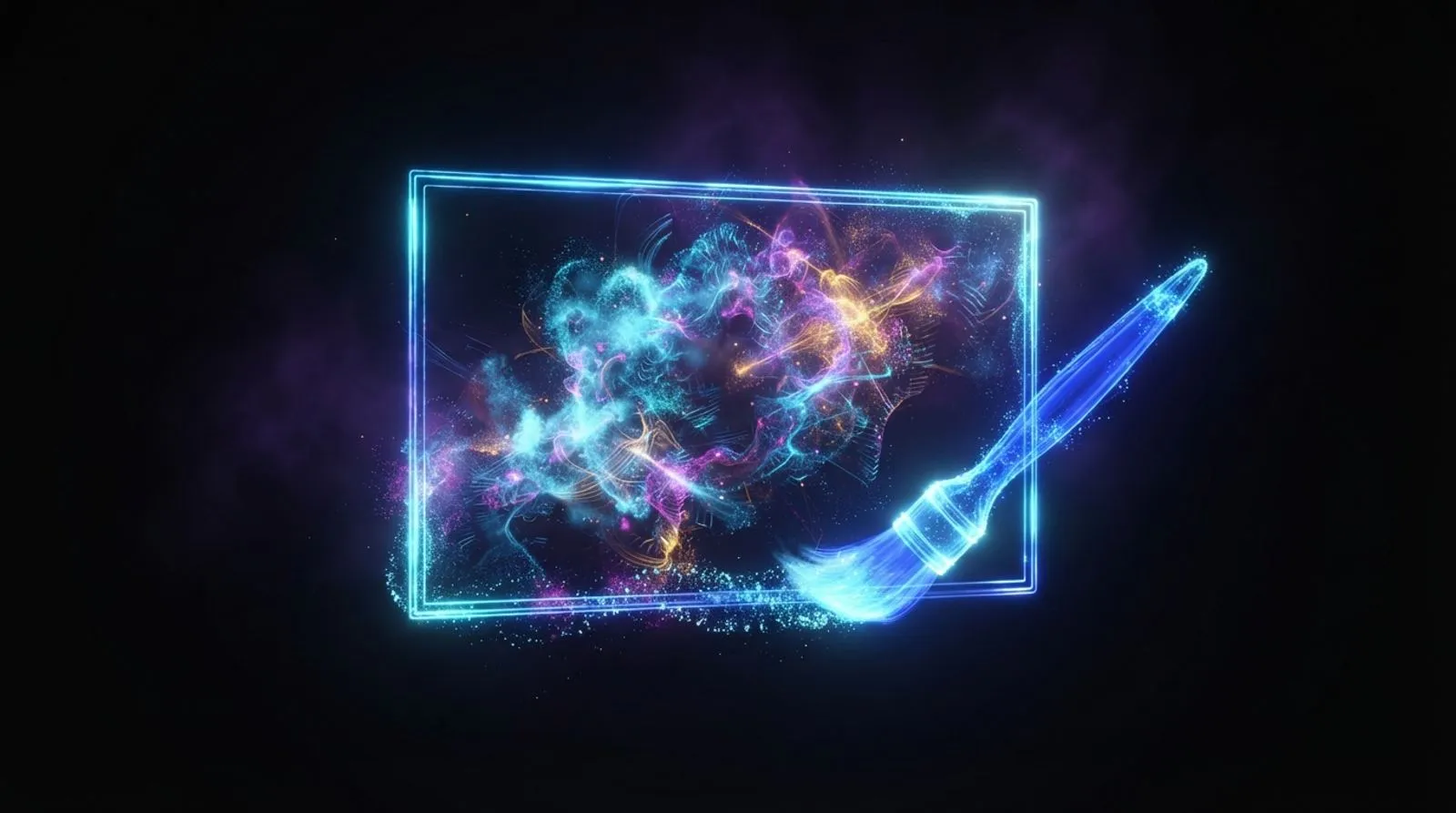 Pincel de luz desenhando uma moldura luminosa no ar, com partículas formando uma imagem