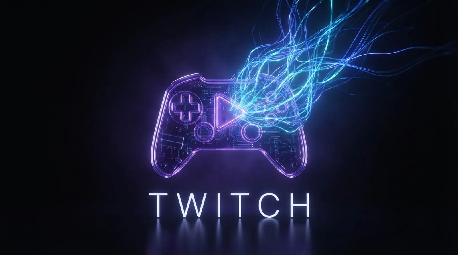 Um controle de videogame translúcido em roxo e azul, com um botão de play brilhante sendo puxado por fios de luz que se dissolvem em uma rede neural, e a palavra TWITCH em letras brancas