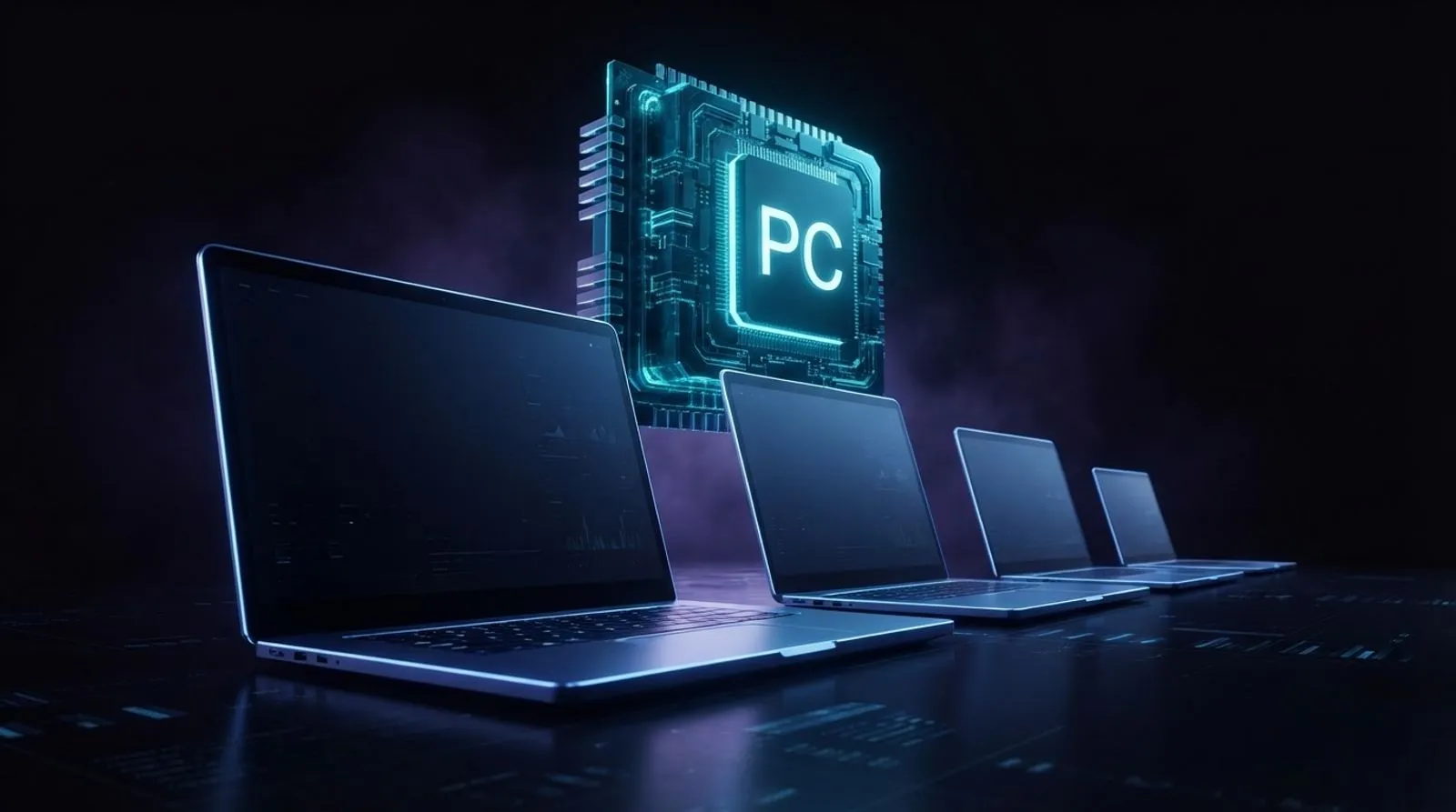Fileira de notebooks diminuindo de tamanho sob um chip de memória brilhante com a sigla PC.