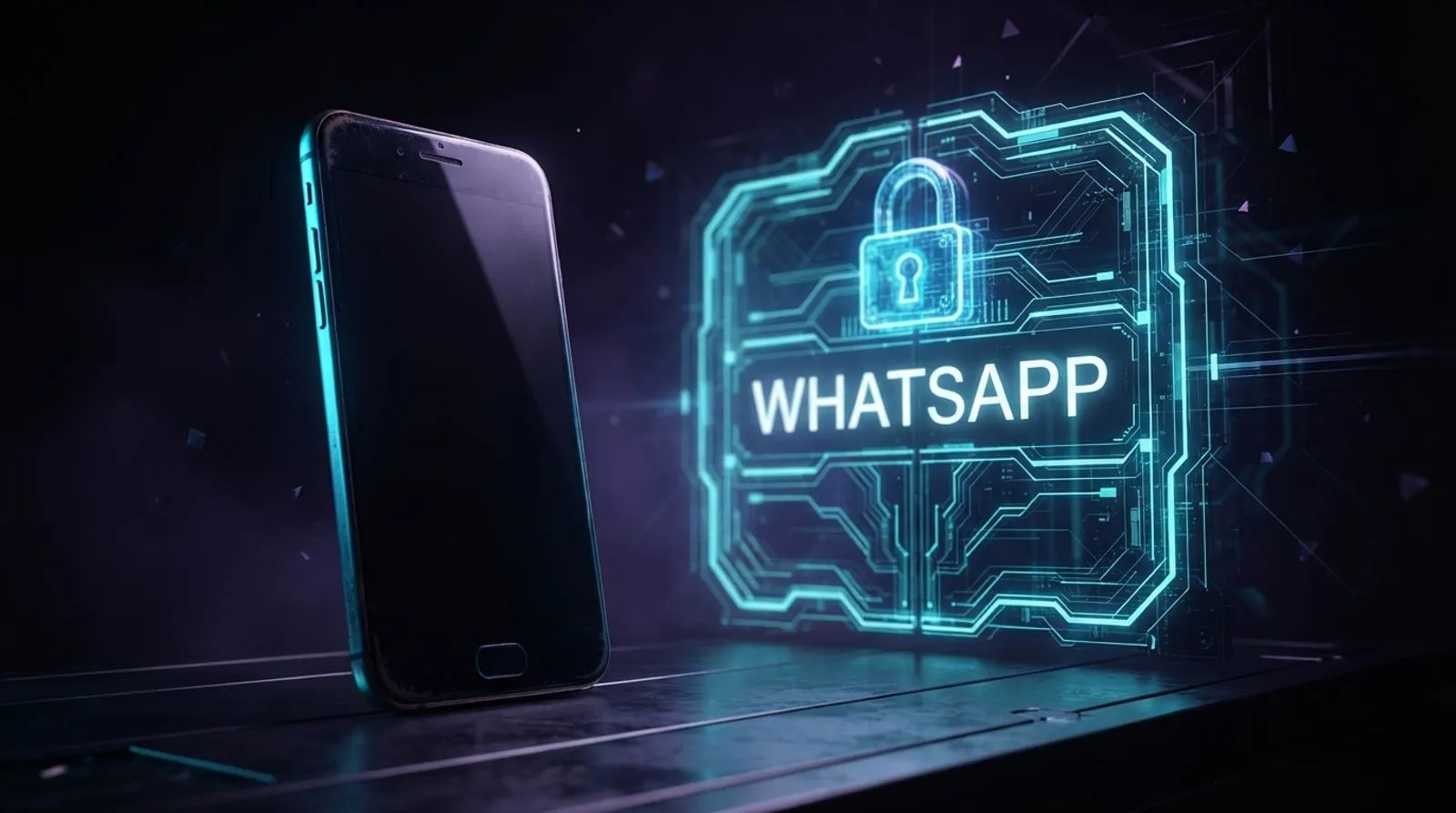 Celular antigo diante de um portão digital trancado com cadeado, sob a palavra WHATSAPP