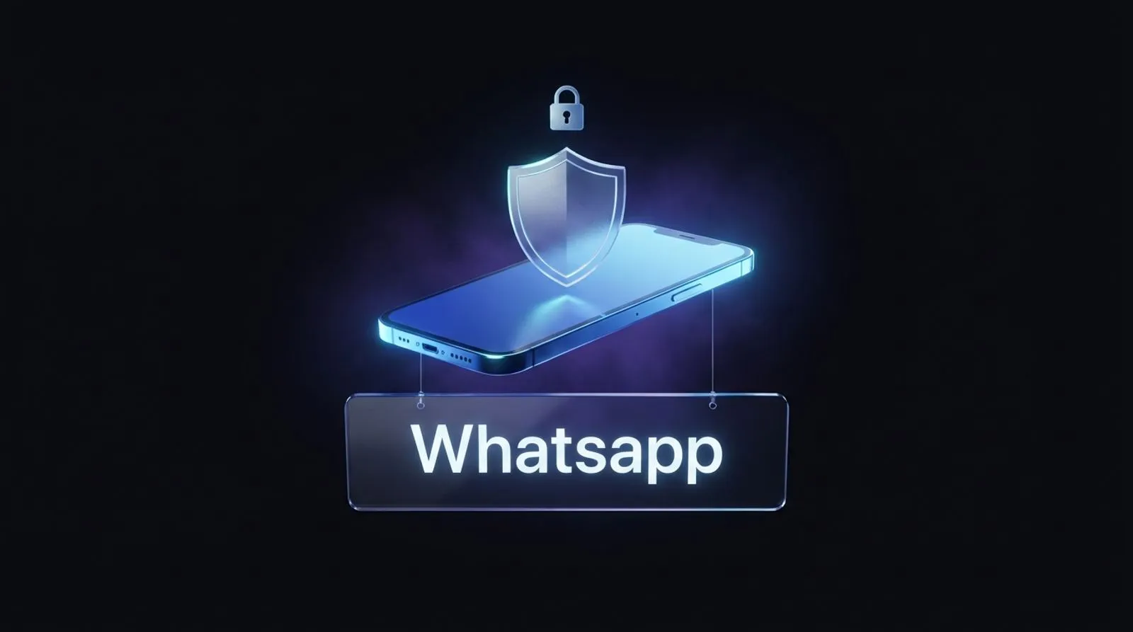 Celular brilhante protegido por um escudo translúcido e um cadeado, acima de uma placa de vidro com a palavra Whatsapp