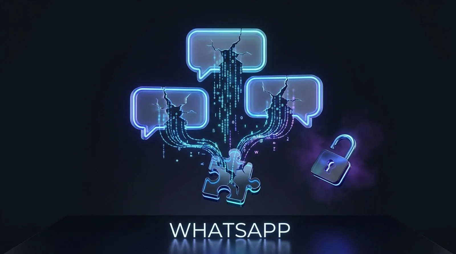 Balões de conversa luminosos vazando dados por uma peça de quebra-cabeça rachada, ao lado de um cadeado aberto, com a palavra WHATSAPP em letras brancas