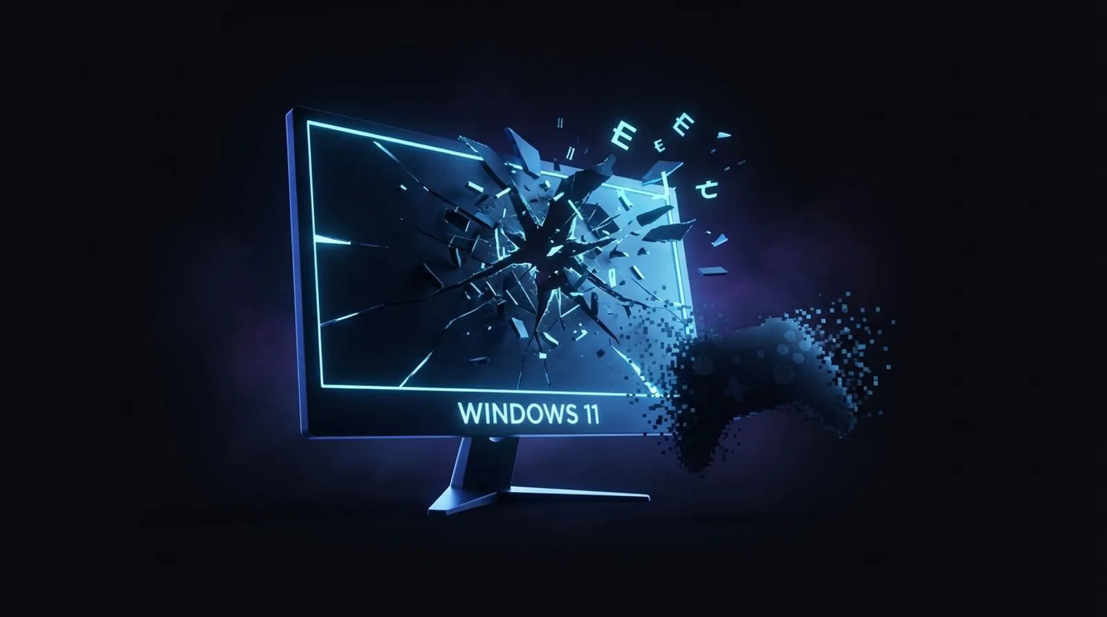 Tela de monitor abstrata e luminosa se rachando em fragmentos de glitch com um controle de videogame se dissolvendo em pixels, sobre uma moldura com a palavra WINDOWS 11