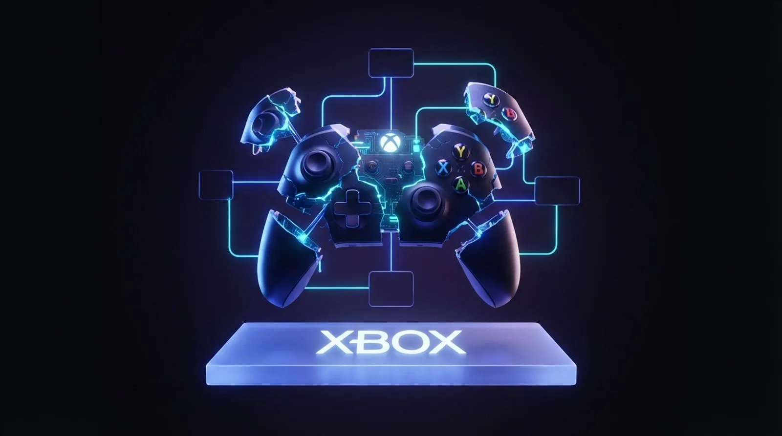Controle de videogame rachado em peças conectadas por linhas luminosas, sobre uma placa com a palavra XBOX em letras brancas