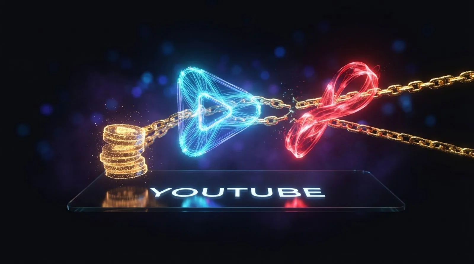 Ilustração abstrata de um botão de play azul brilhante puxado por correntes douradas contra um símbolo vermelho em formato de fita, sobre uma placa de vidro com a palavra YOUTUBE