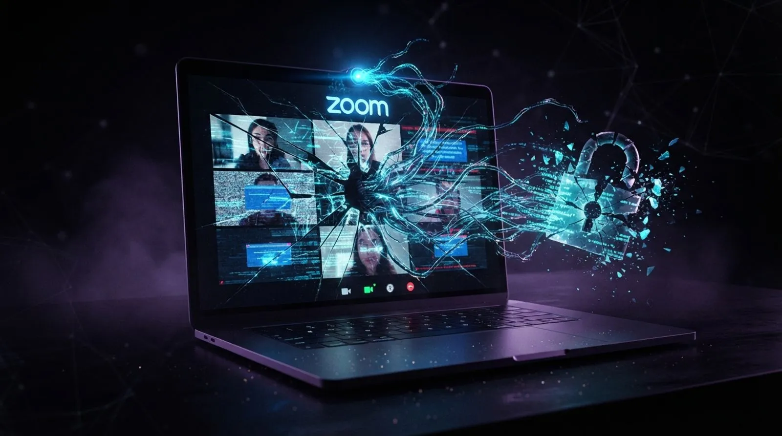 Laptop com webcam brilhante sendo invadido por tentáculos digitais de código, ao lado de um cadeado quebrado, com a palavra ZOOM em letras brancas